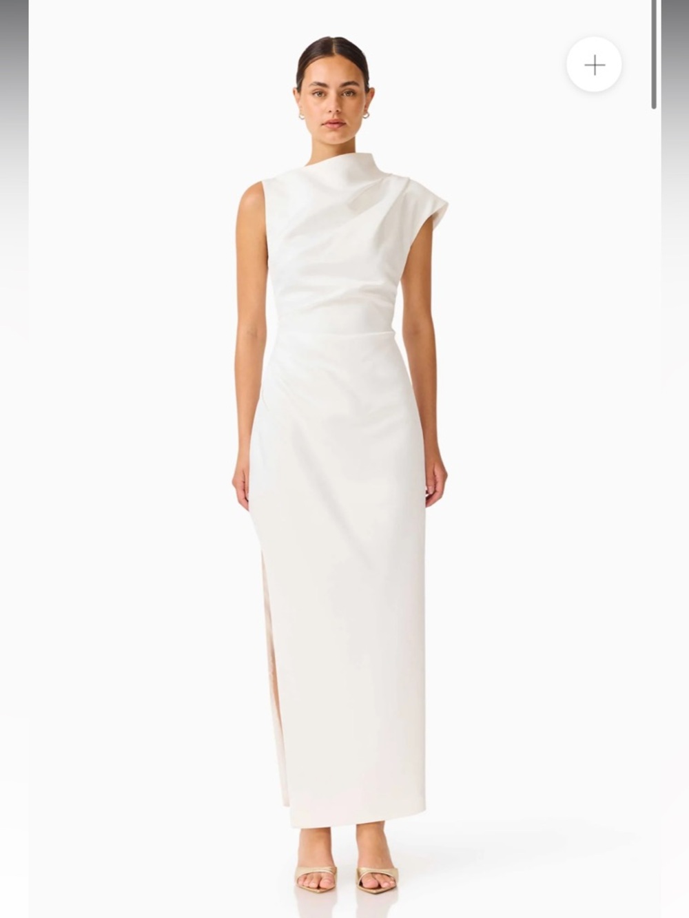 Elliatt coralie white sateen high neckline draped slit detail maxi dress medium